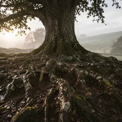 Ancient Oak Roots with Wooden Cross