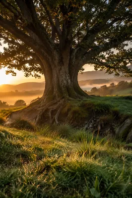 Ancient Tree with Exposed Roots at Sunrise