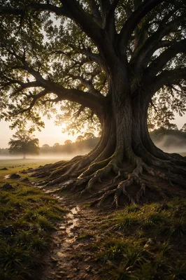Ancient Tree with Exposed Roots at Dawn
