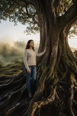 Ancient Tree with Woman on Hillside