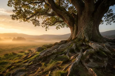 Ancient Tree with Exposed Roots at Dawn
