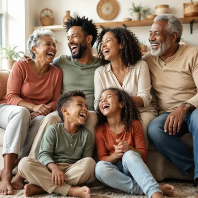 Laughing Multigenerational Family on Living Room Sofa