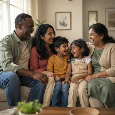 Laughing Multigenerational Family in Sunlit Living Room