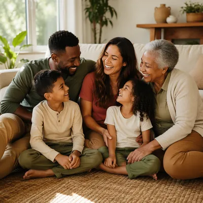 Joyful Multiracial Family Laughing in Living Room