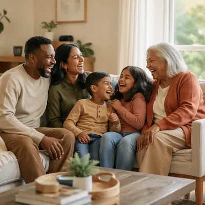 Laughing Multigenerational Family in Bright Living Room