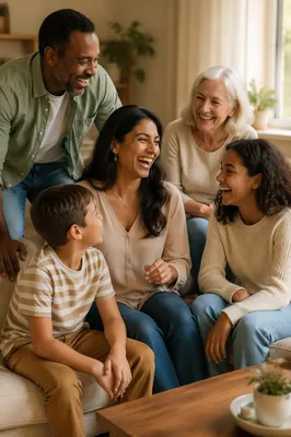 Laughing Multigenerational Family in Sunlit Living Room