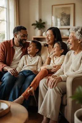 Joyful Family Laughter in Sunlit Living Room