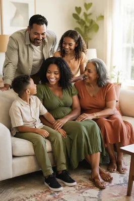 Joyful Multigenerational Family in Sunlit Living Room