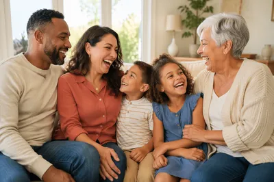 Three Generations Laughing in Bright Living Room
