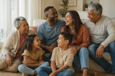Laughing Multigenerational Family in Bright Living Room