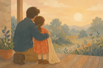 Tender Father Daughter Porch Hug at Sunrise