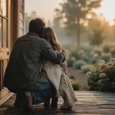 Tender Father Daughter Porch Hug at Sunrise