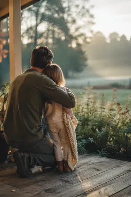Tender Father Daughter Porch Hug at Sunrise