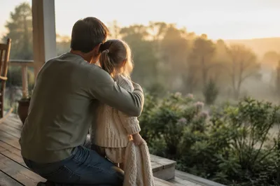 Tender Father Daughter Porch Hug at Sunrise