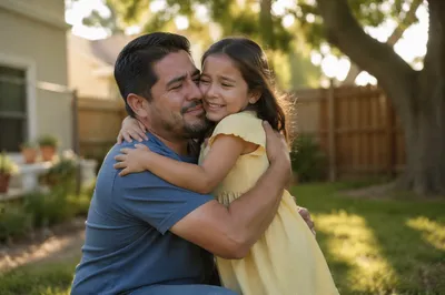 Father Hugging Daughter in Sunny Backyard