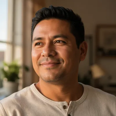 Smiling Father Portrait in Warm Window Light