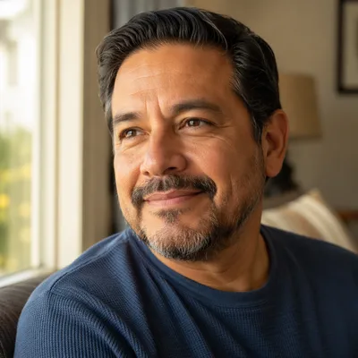 Proud Smiling Father by Sunlit Window