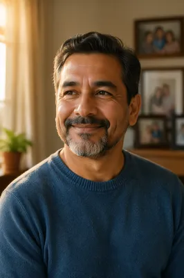 Proud Father Smiling by Sunlit Window