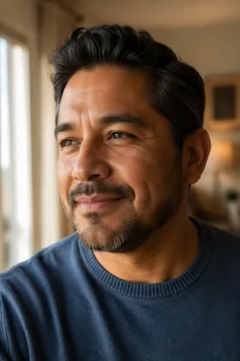 Proud Father Smiling by Sunlit Window