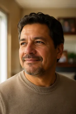 Proud Smiling Father by Sunlit Window