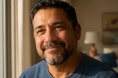 Proud Father Smiling by Sunlit Window