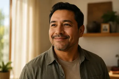 Proud Smiling Father by Sunlit Window