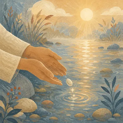 Forgiving Hands Releasing Pebble Into Light