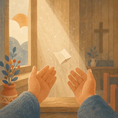 Forgiving Hands Releasing Paper in Chapel Light
