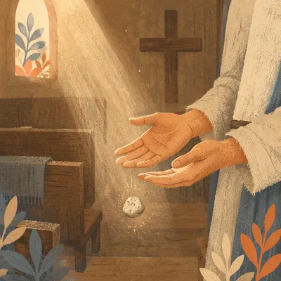 Open Hands Releasing Stone in Chapel Light