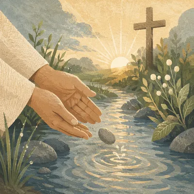 Forgiveness Hands Releasing Stone by Stream