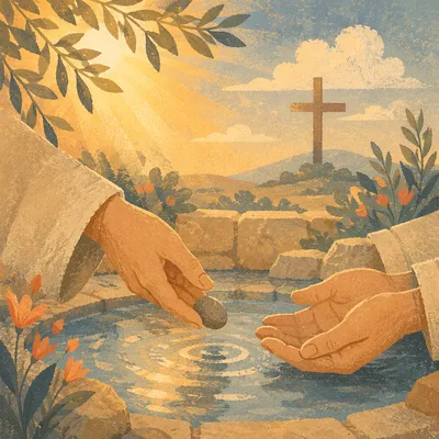 Forgiveness Hands Releasing Stone at Dawn
