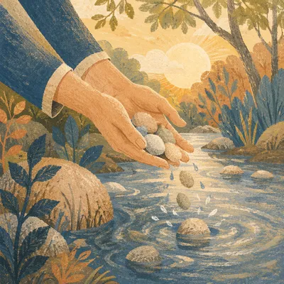 Hands Releasing Stones in Morning Creek