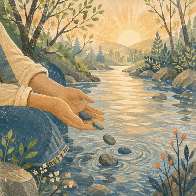 Forgiving Hands Releasing Stones at Sunrise