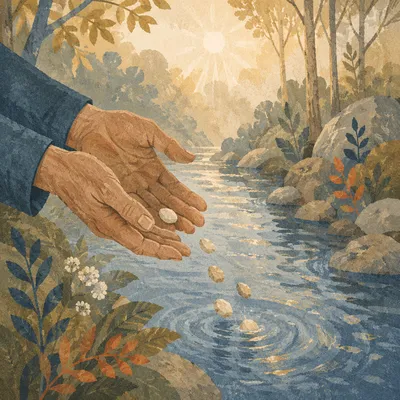 Forgiving Hands Releasing Stones Into Stream