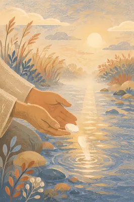 Hands Releasing Pebble into Morning Stream