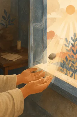 Hands Releasing Stone in Morning Light