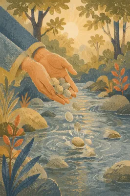 Forgiveness Hands Releasing Stones in Morning Creek