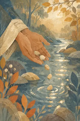 Forgiveness Hands Releasing Stones Into Morning Stream