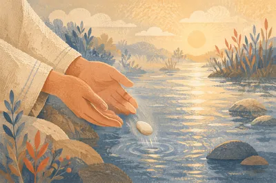 Hands Releasing Stone Into Morning Stream