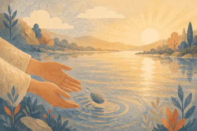 Hands Releasing Stone in Morning Light