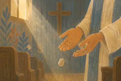 Open Hands Releasing Stone in Chapel Light