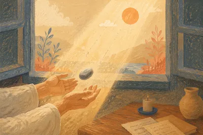 Hands Releasing Stone in Morning Light