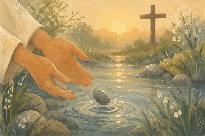 Forgiveness Hands Releasing Stone by Garden Stream