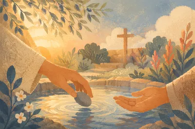 Forgiveness Hands Releasing Stone at Dawn