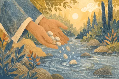 Hands Releasing Stones in Morning Creek