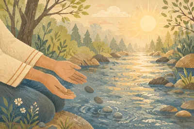 Hands Releasing Stones in Morning Creek