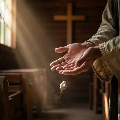 Forgiveness Hands Releasing Stone in Chapel Light