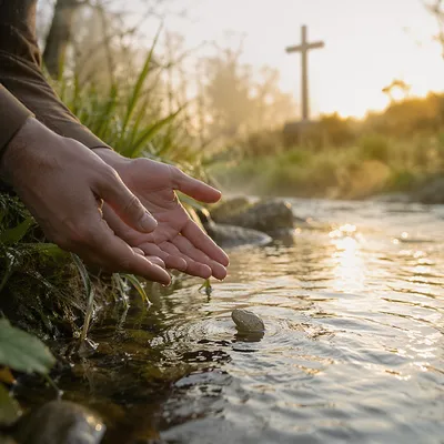 Hands Releasing Stone by Garden Stream