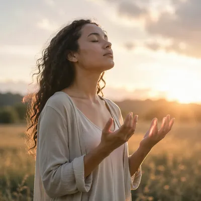 Woman Releasing Hands in Sunrise Meadow
