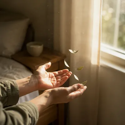 Open Hands Releasing Leaves in Morning Light